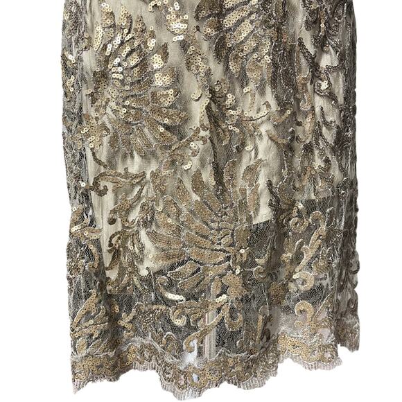 TADASHI SHOJI Smoke Pearl Gold Sequin Beige Mesh Sheath Dress Size 8 - Picture 6 of 8